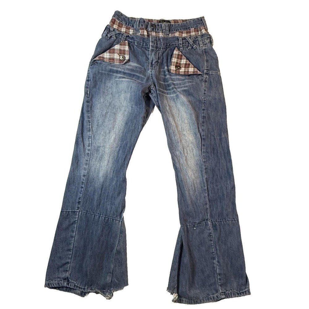 Y2K Japanese Denim Jeans Women 31 Plaid Fabric Trim Wide Leg Grunge Distressed